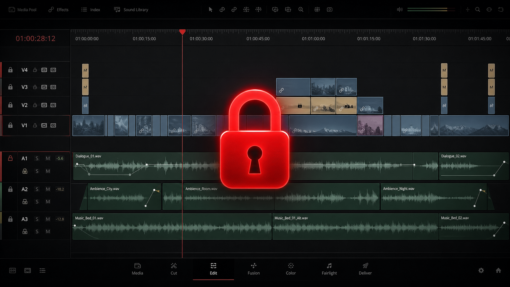 Resolve timeline with a red picture lock icon
